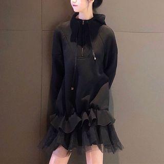 Mock Two-piece Mesh Panel Hooded Pullover Dress Black - One Size