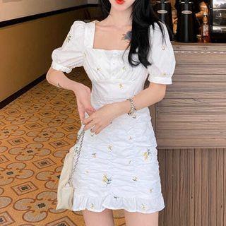 Square-neck Floral Shirred Mini A-line Dress