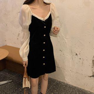 Puff-sleeve Color-block Midi Dress Black - One Size