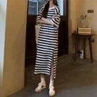 Striped Slit Midi T-shirt Dress Stripes - Black & White - One Size