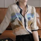 3/4-sleeve Graphic Print Silky Blouse