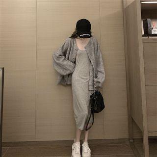 Button Jacket / Spaghetti Strap Midi Sheath Dress
