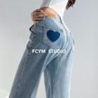 Heart-badge Straight-cut Loose Jeans