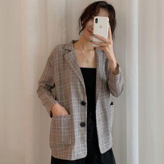 Plaid Single-breasted Blazer Khaki - One Size