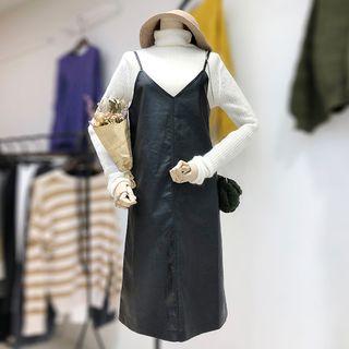 Faux Leather V-neck Pinafore Dress