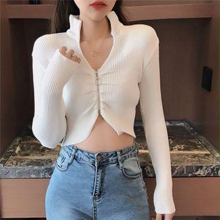 Zip Shirred Cropped Knit Top