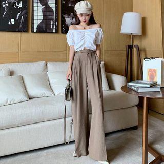 Boatneck Ruched Crop Top / Wide Pants