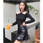 Cutout Shoulder Long-sleeve T-shirt / Faux-leather Ruffle Hem A-line Skirt