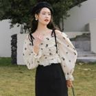 Cold-shoulder Flower Print Blouse Almond - One Size