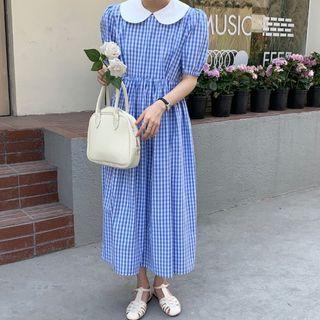 Peter Pan Collar Plaid Midi Dress Blue - One Size