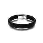 Simple Fashion Wide Version Woven Black Leather Long Bracelet Silver - One Size