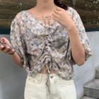 Floral Print Short-sleeve Drawstring Blouse