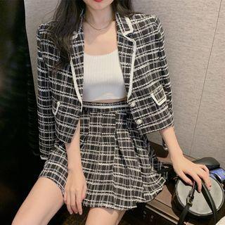 Notch Lapel Plaid Single-breasted Jacket / Mini A-line Skirt
