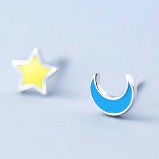 Non-matching 925 Sterling Silver Moon & Star Earring S925 Silver - Stud Earring - Yellow Star & Moon - Blue - One Size