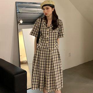 Set: Short-sleeve Plaid Crop Shirt + Pleated Midi A-line Skirt