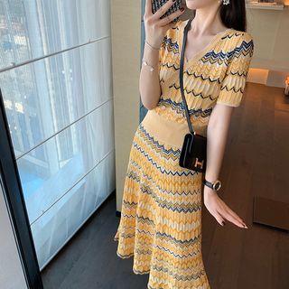 Set: V-neck Striped Knit Top + Midi A-line Skirt