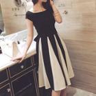 Set: Tie-back Short-sleeve Top + Color Block A-line Midi Skirt