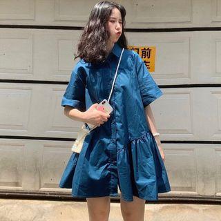 Plain Elbow-sleeve Shirt Dress Blue - One Size