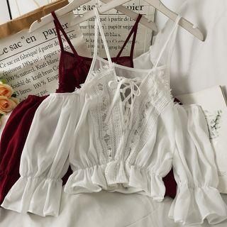 Patchwork Off-shoulder Lace-up Crop Top