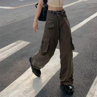 High Waist Plain Cargo Wide-leg Pants