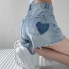 High-waist Frayed Heart Denim Shorts