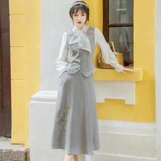 Collared Blouse / Vest / Midi A-line Skirt