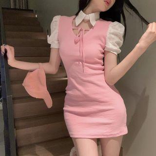 Mock Two-piece Short-sleeve Cutout Sheath Dress Dress - One Size
