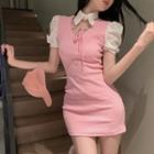 Mock Two-piece Short-sleeve Cutout Sheath Dress Dress - One Size