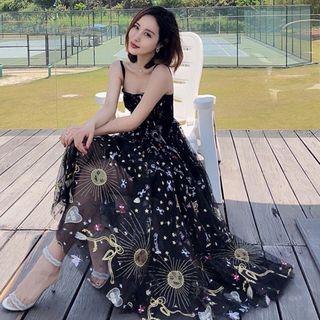 Embroidered Strappy Maxi A-line Dress