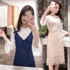 Set: Plain Top + Lace V-neck Dress