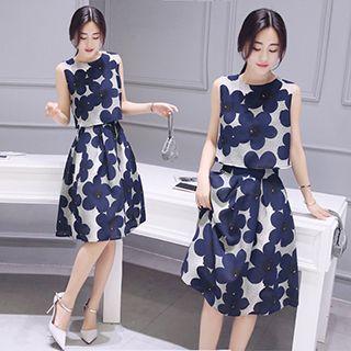Set : Floral Print Sleeveless Top + Skirt