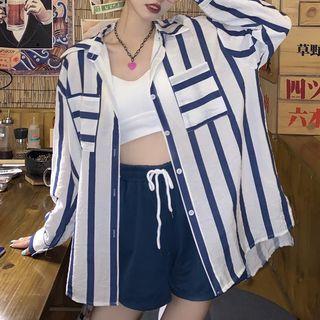 Long Sleeve Pinstripe Shirt / Drawstring Wide-leg Shorts