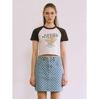 Raglan Letter Illustrated Cropped T-shirt Oatmeal - One Size