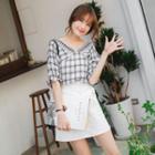 V-neck Checkered Ruffle Sleeve Top
