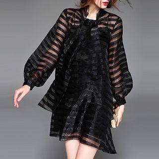 Long-sleeve Striped Tulle Dress