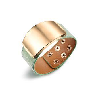 Fashion Exaggerated Plated Gold Geometric Wide Version Green Leather Bracelet Golden - One Size