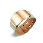 Fashion Exaggerated Plated Gold Geometric Wide Version Green Leather Bracelet Golden - One Size