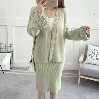 Set: V-neck Cardigan + Knit Skirt