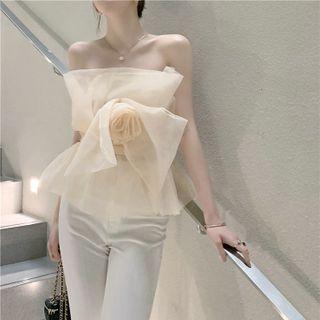 Flower Accent Mesh Tube Top / Plain Slim-fit Pants