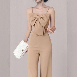 Set: Spaghetti Strap Bow Accent Top + Wide-leg Pants