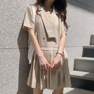 Pleated Hem Short-sleeve Collared Dress Khaki - One Size