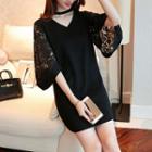 Lace Panel Bell-sleeve V-neck Long Knit Top