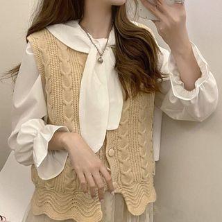Long-sleeve Tie-neck Blouse / Cable Knit Vest