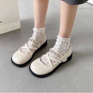 Block Heel Chained Cross Strap Mary Jane Shoes