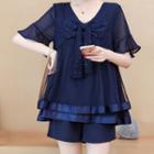 Set: Bow Accent Short-sleeve Blouse + Shorts
