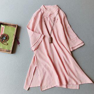 Mandarin Collar Long-sleeve Midi A-line Linen Dress
