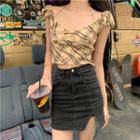 Cap-sleeve Plaid Crop Top Yellow - One Size