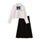 Letter Embroidered Shirt / Bow Tie / Midi A-line Skirt / Set