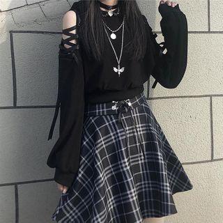 Lace Up Cold-shoulder Pullover / Plaid Mini A-line Skirt
