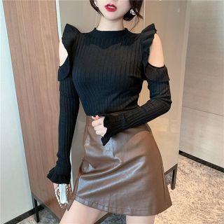 Bell-sleeve Ruffle Trim Off-shoulder Knit Top
